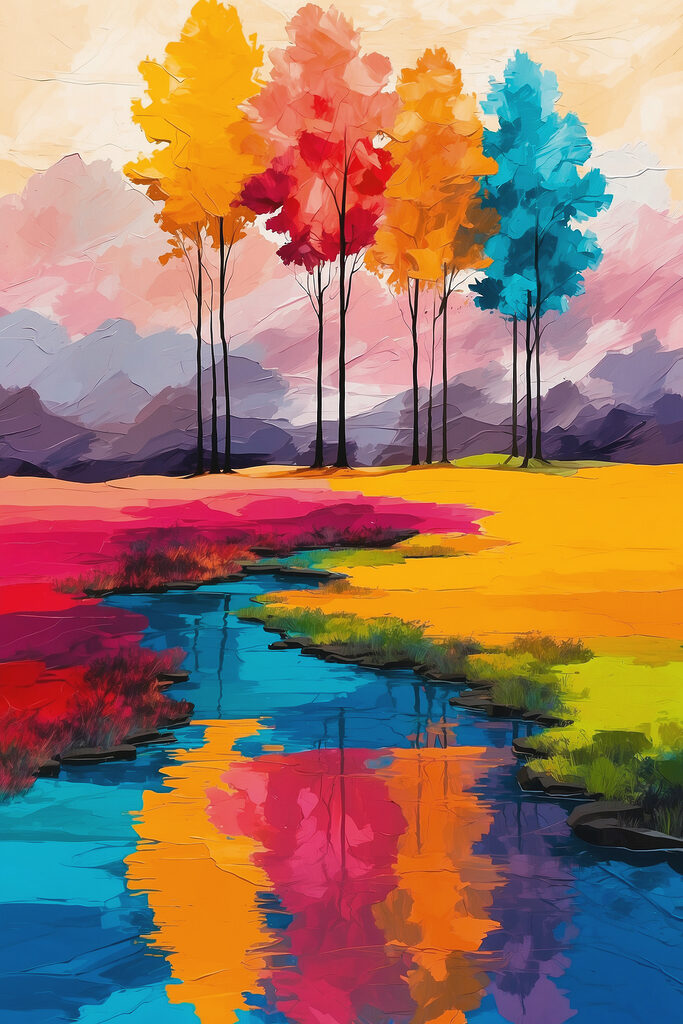 Painting of a river running through a field of colorful trees