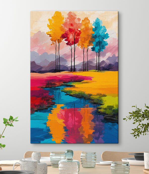 Painting of a river running through a field of colorful trees