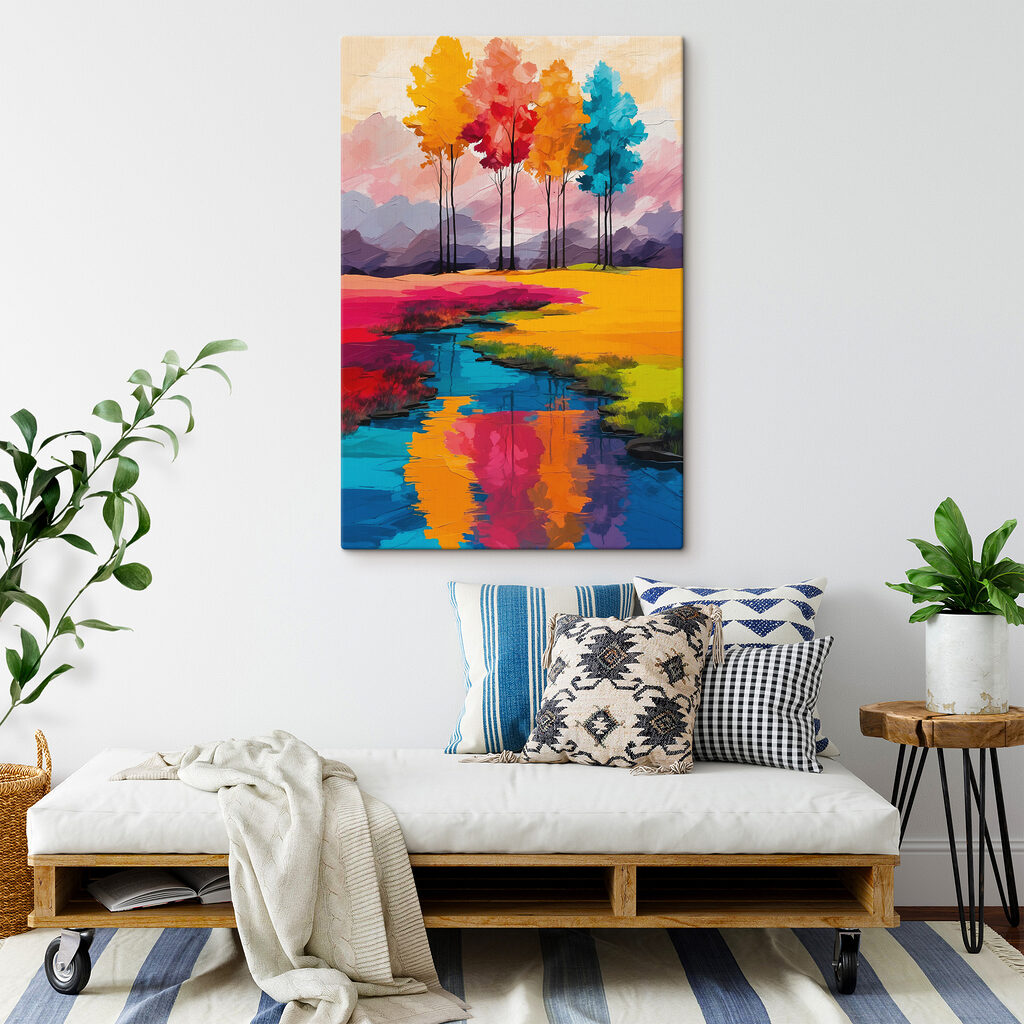 Painting of a river running through a field of colorful trees