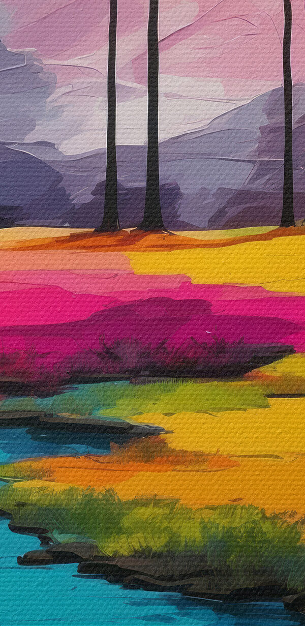 Painting of a river running through a field of colorful trees