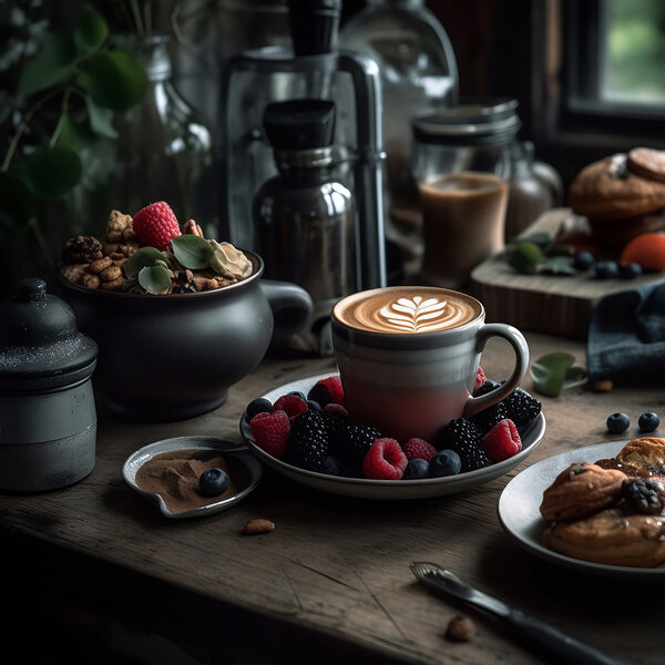 Filiżanka kawy z latte art na talerzu z owocami i płatkami zbożowymi Filiżanka kawy z latte art na talerzu z owocami i płatkami zbożowymi