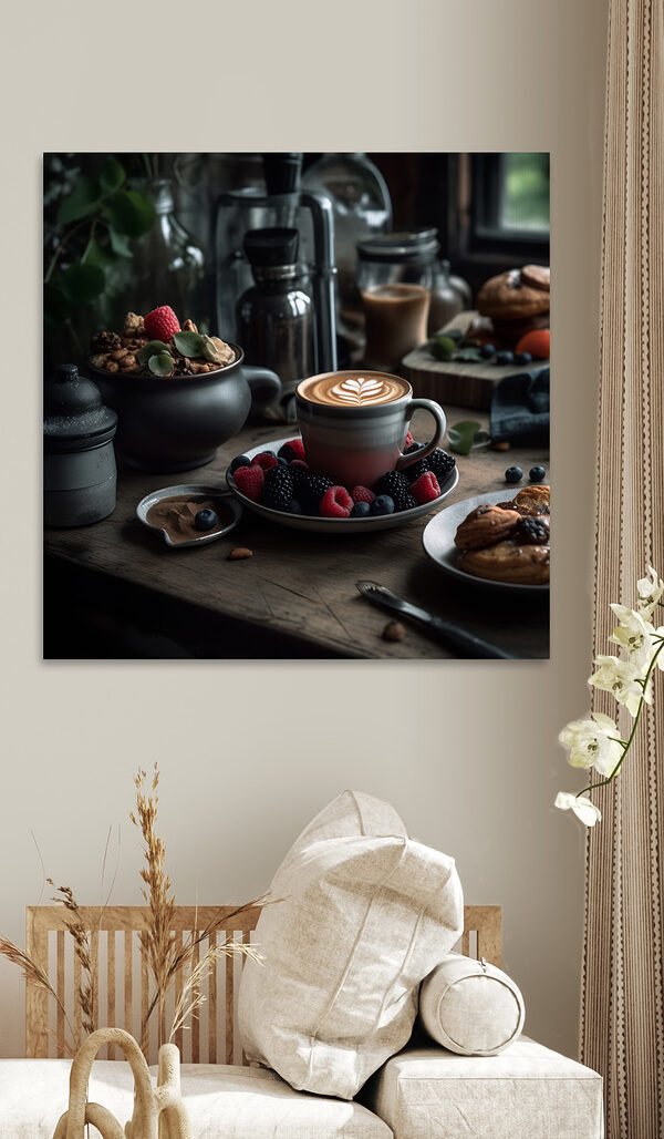 Filiżanka kawy z latte art na talerzu z owocami i płatkami zbożowymi Filiżanka kawy z latte art na talerzu z owocami i płatkami zbożowymi
