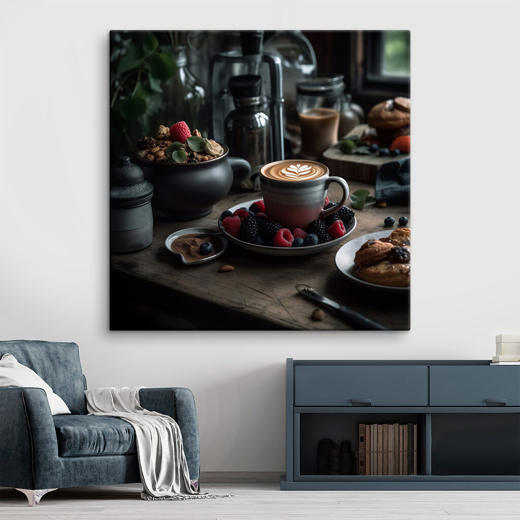 Cup of coffee with a latte art on a plate with fruit and cereals Cup of coffee with a latte art on a plate with fruit and cereals