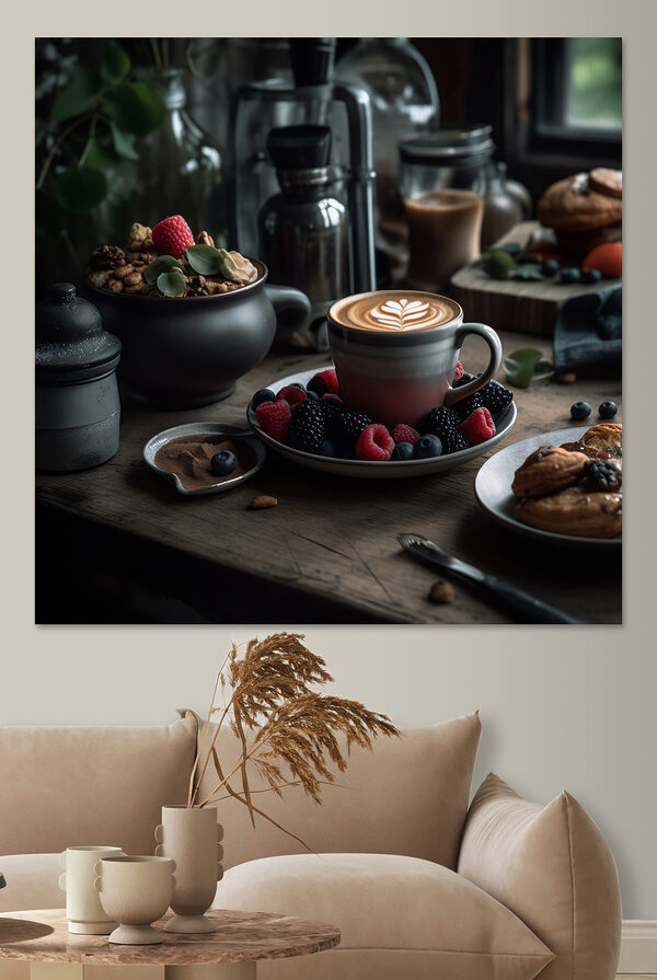 Filiżanka kawy z latte art na talerzu z owocami i płatkami zbożowymi Filiżanka kawy z latte art na talerzu z owocami i płatkami zbożowymi