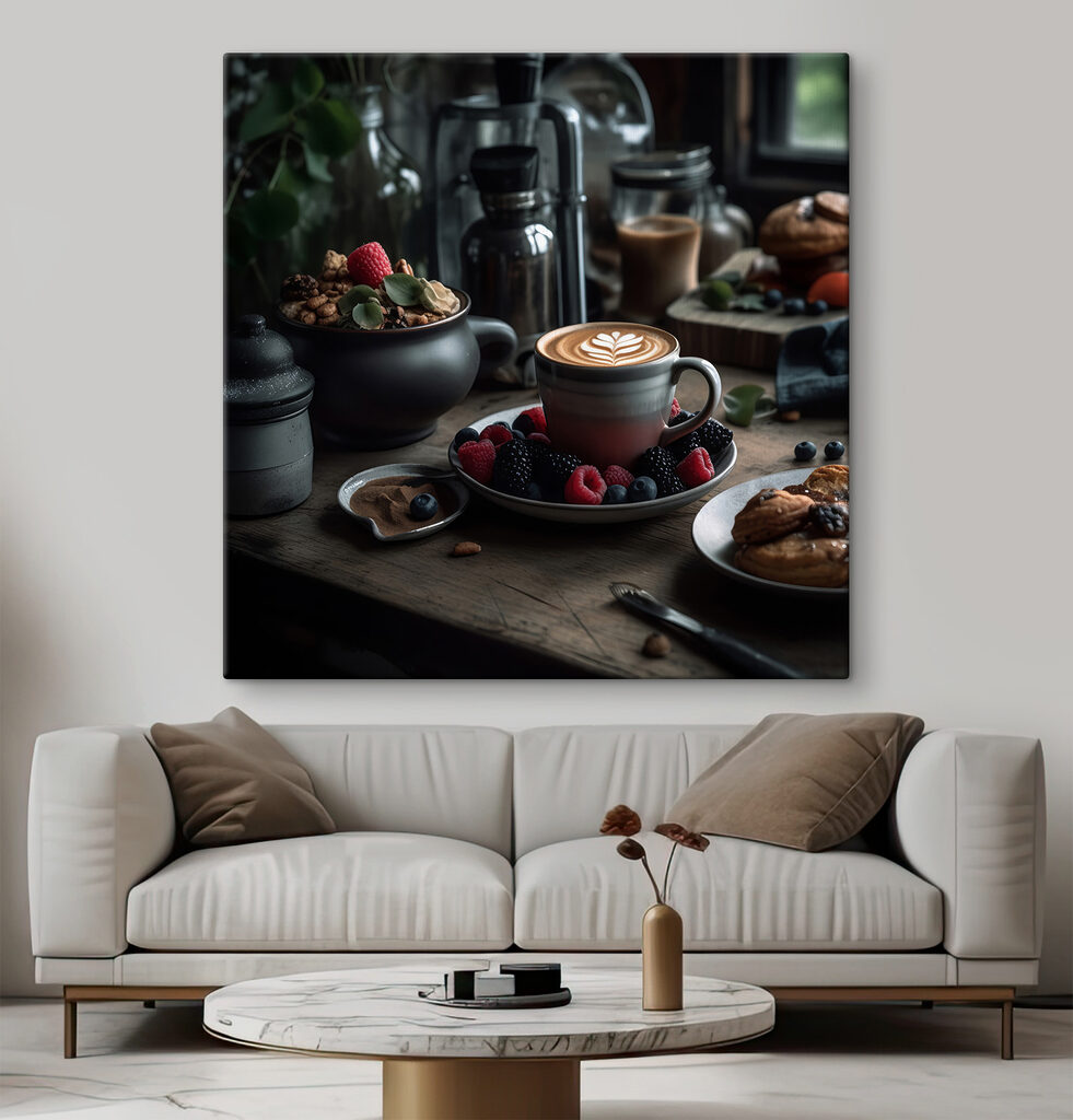 Cup of coffee with a latte art on a plate with fruit and cereals Cup of coffee with a latte art on a plate with fruit and cereals