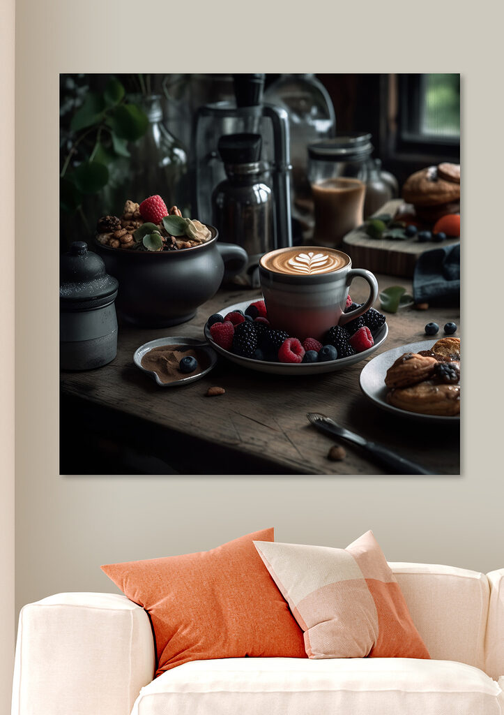 Cup of coffee with a latte art on a plate with fruit and cereals Cup of coffee with a latte art on a plate with fruit and cereals