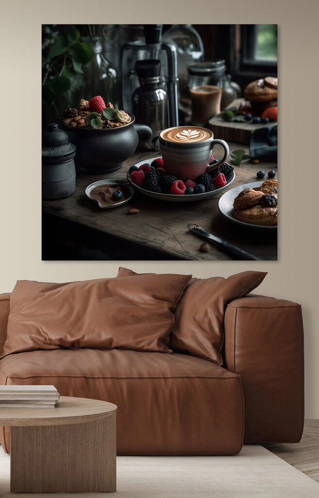 Cup of coffee with a latte art on a plate with fruit and cereals Cup of coffee with a latte art on a plate with fruit and cereals