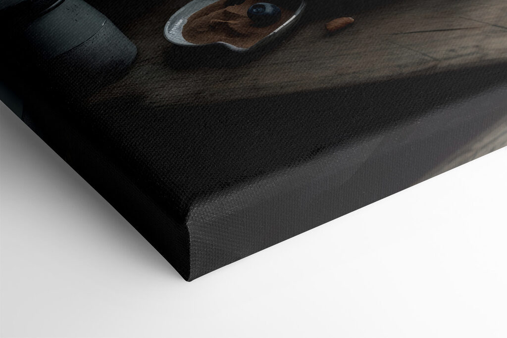 Cup of coffee with a latte art on a plate with fruit and cereals Cup of coffee with a latte art on a plate with fruit and cereals