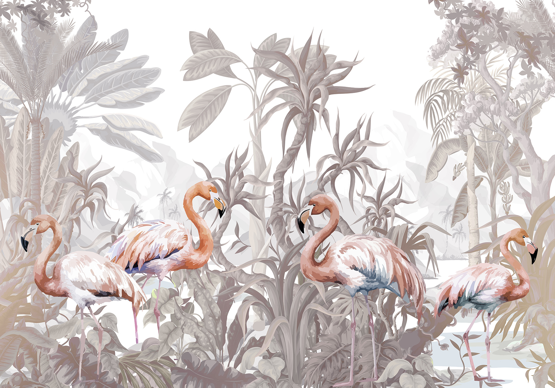 Group of flamingos in a forest