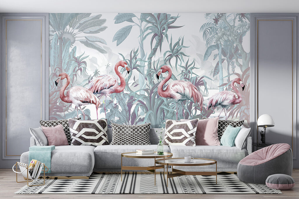 Group of flamingos in a jungle