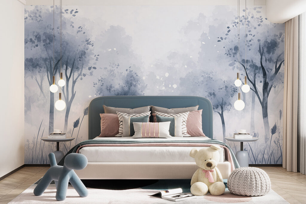 Foggy forest with trees and grass Foggy forest with trees and grass