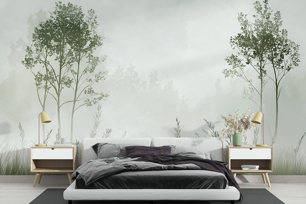 Foggy landscape with trees and grass