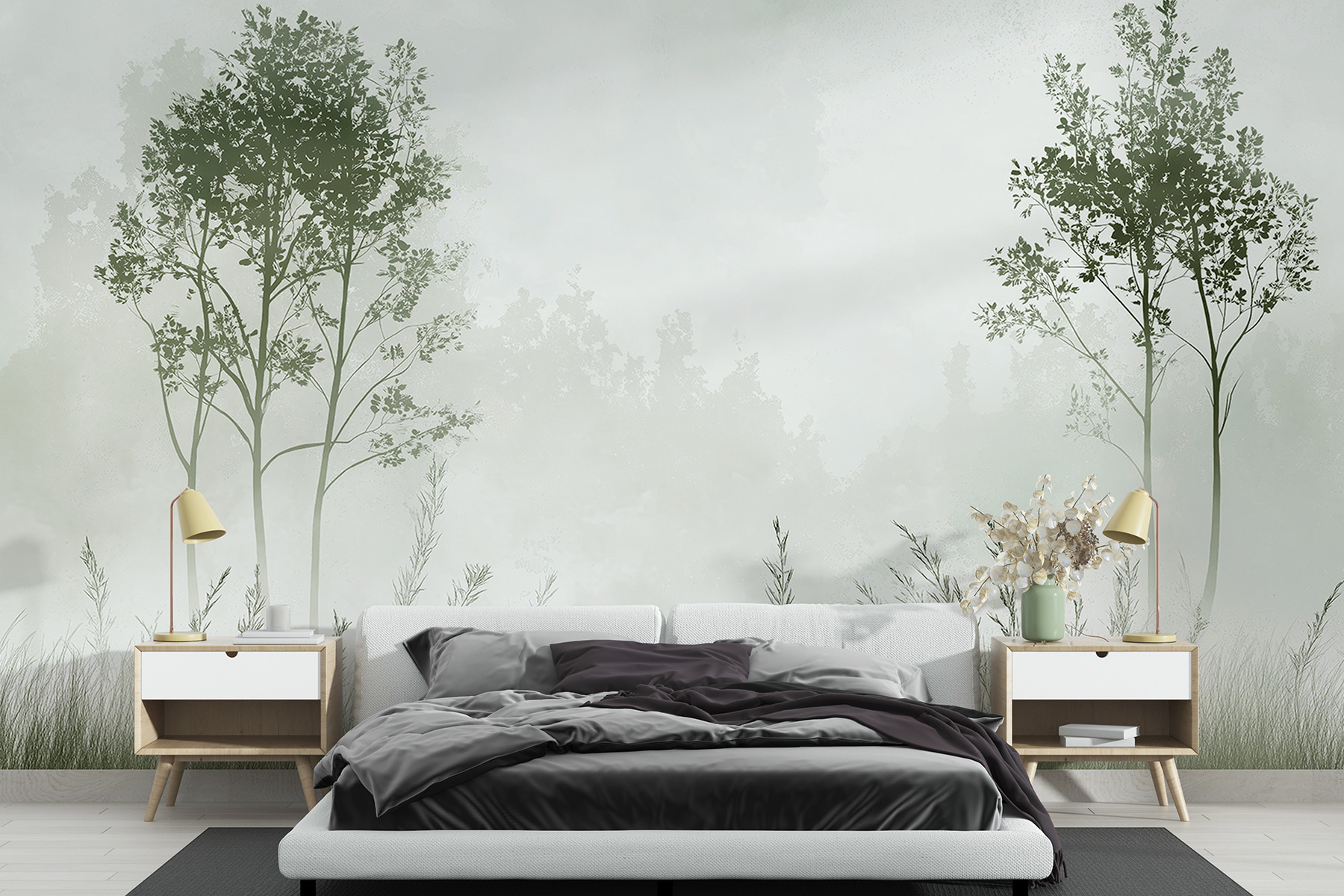 Foggy landscape with trees and grass