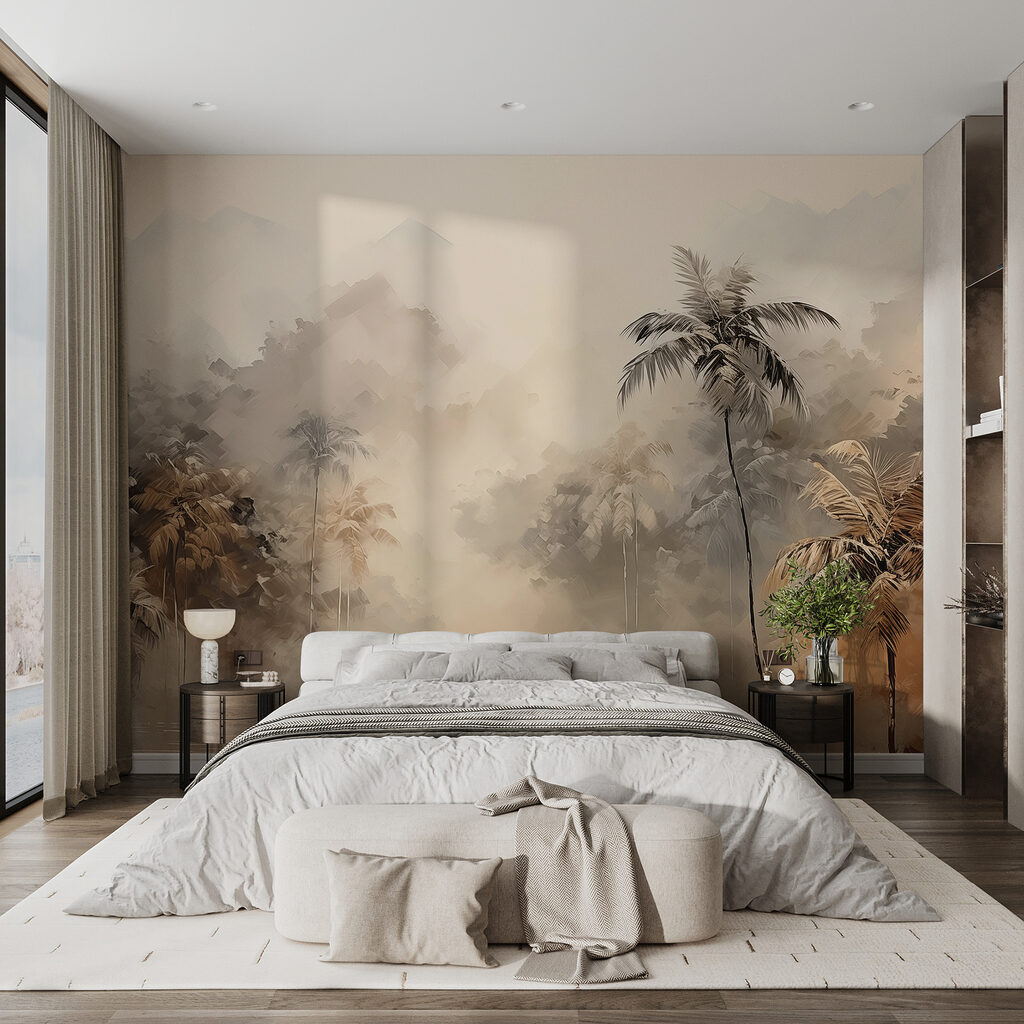 Painting of a forest with trees and fog