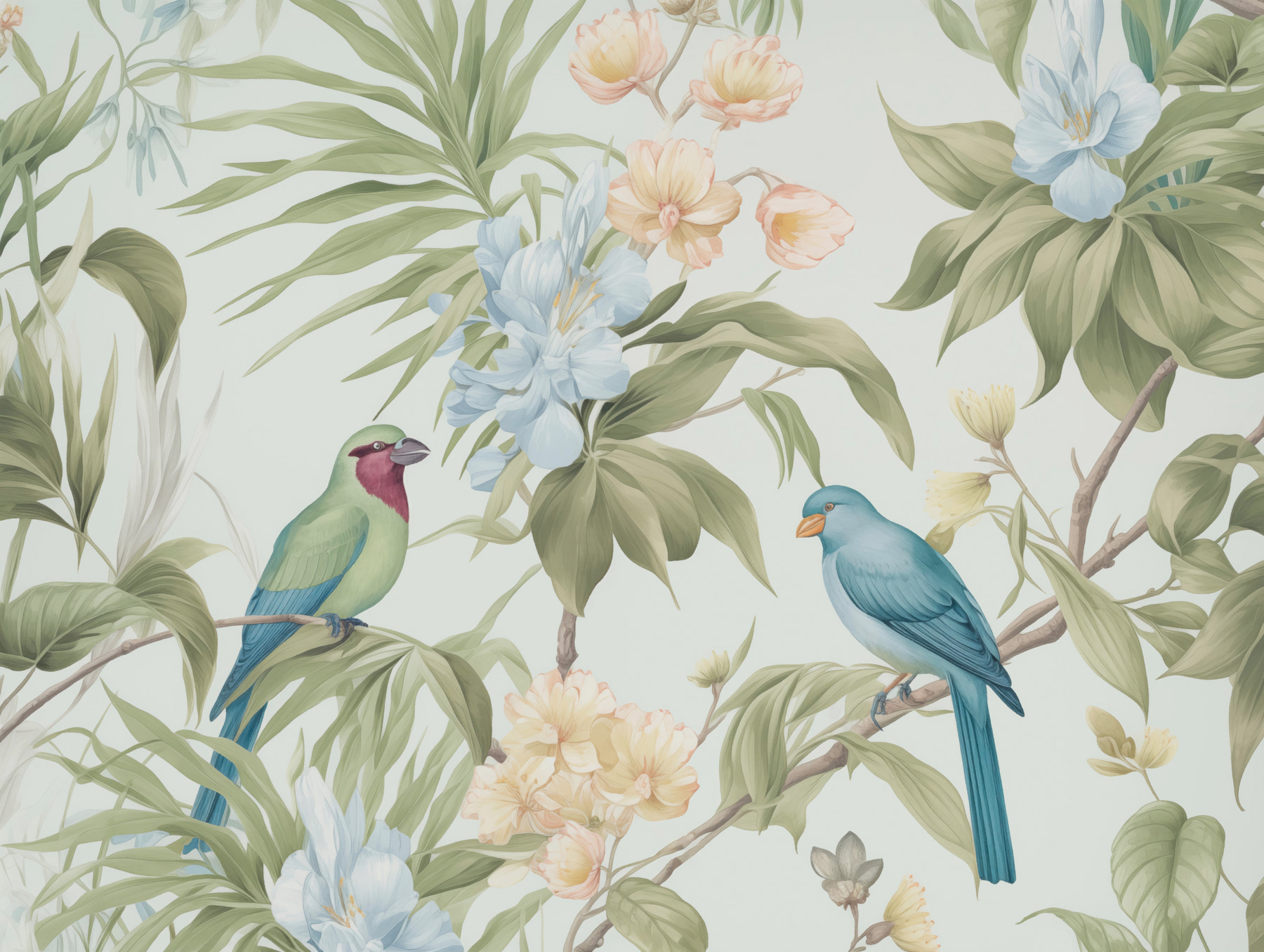 Wallpaper with birds and flowers