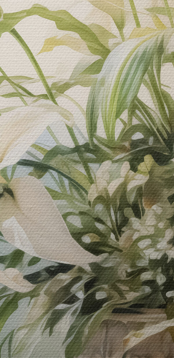 Painting of a white flower pot with white flowers