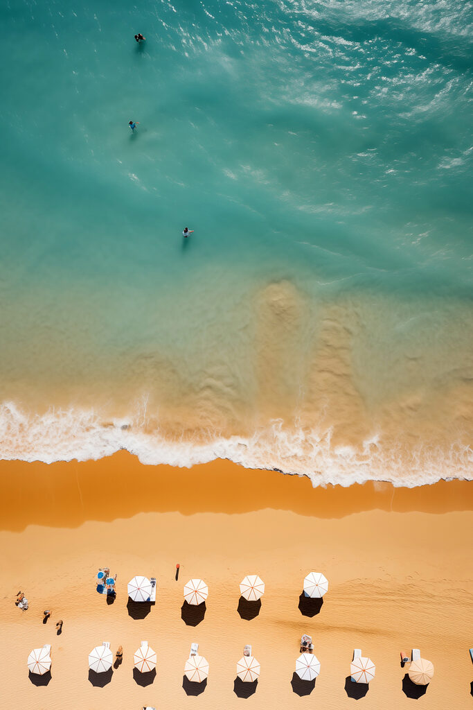 Group of people on a beach with umbrellas