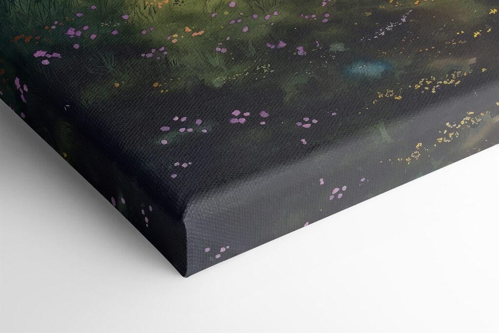 Painting of a landscape with a tree and flowers