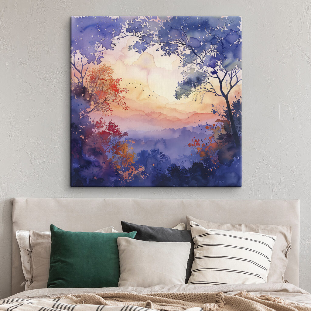 Watercolor painting of trees and a sunset