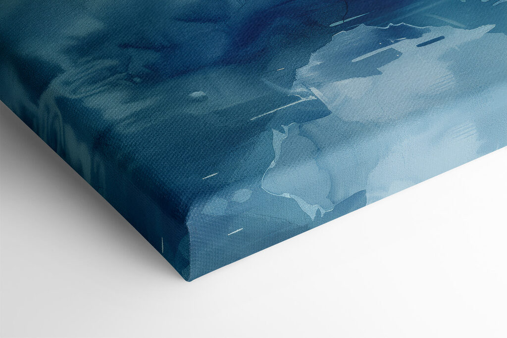 Water painting of a lake with trees and mountains in the background