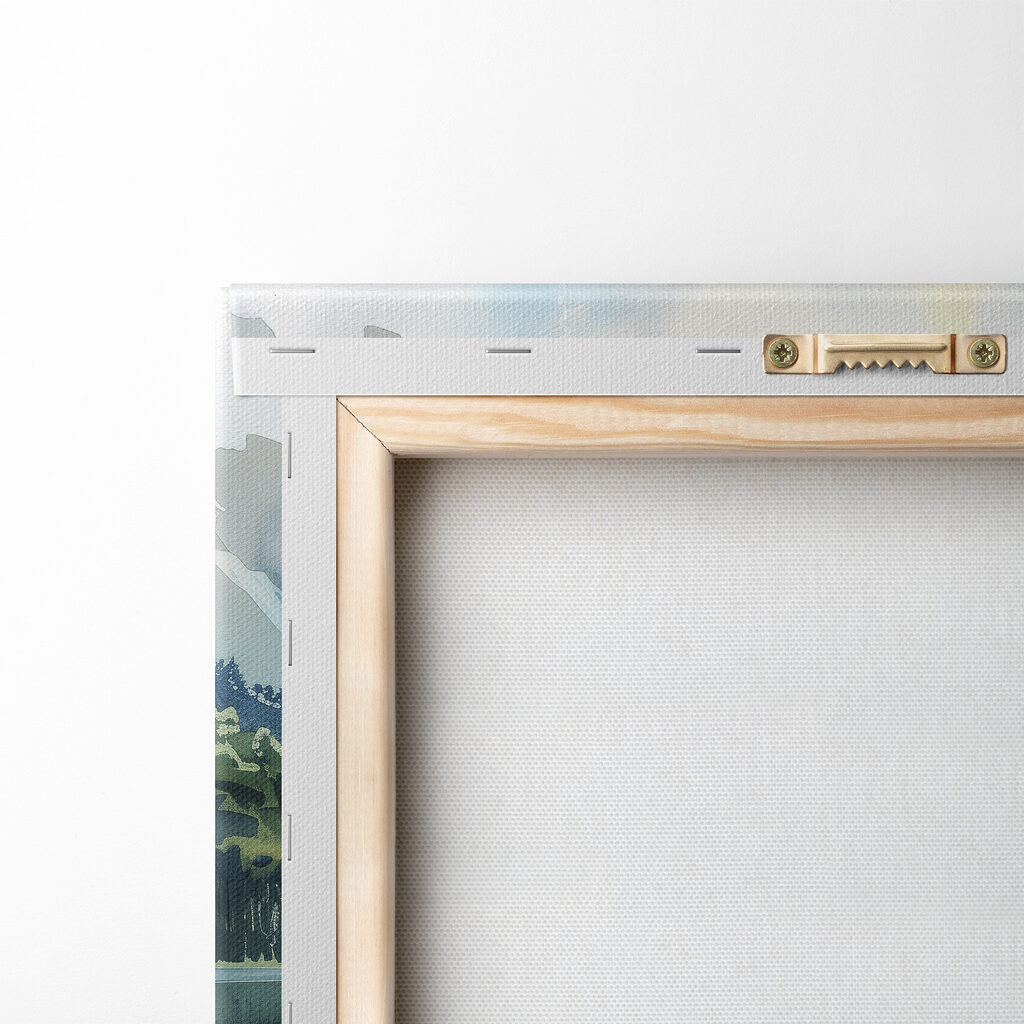 Water painting of a lake with trees and mountains in the background