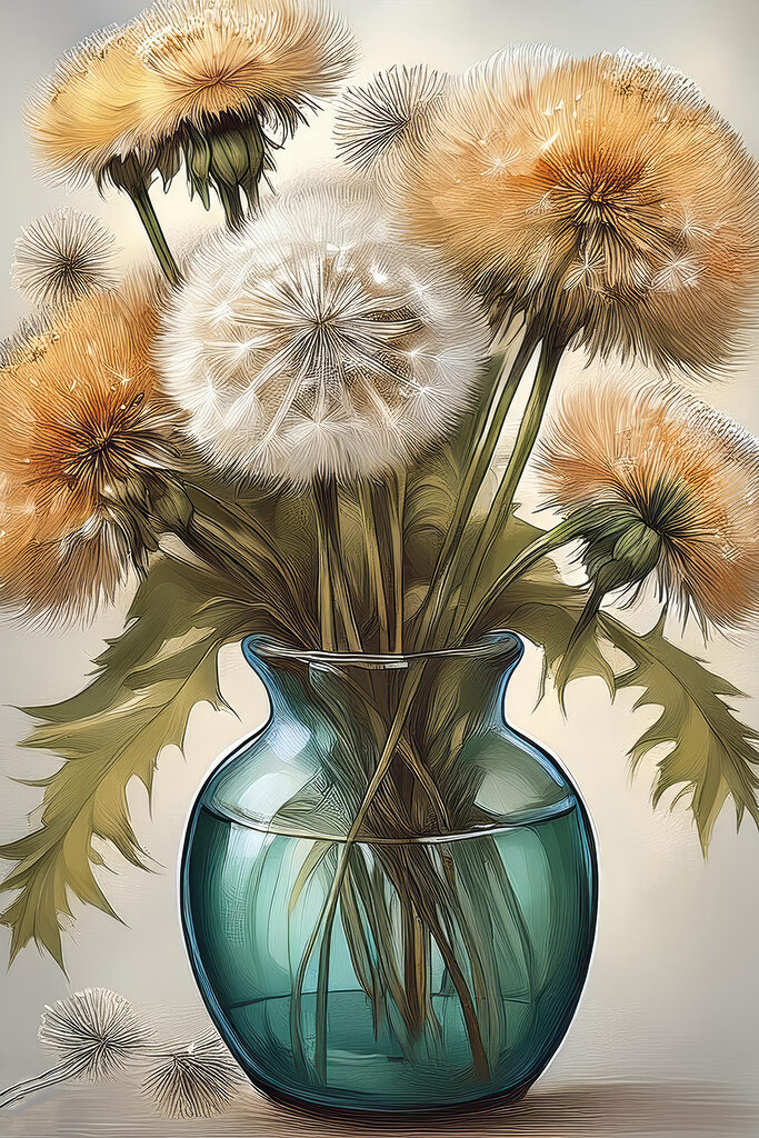 Vase with dandelions in it Vase with dandelions in it