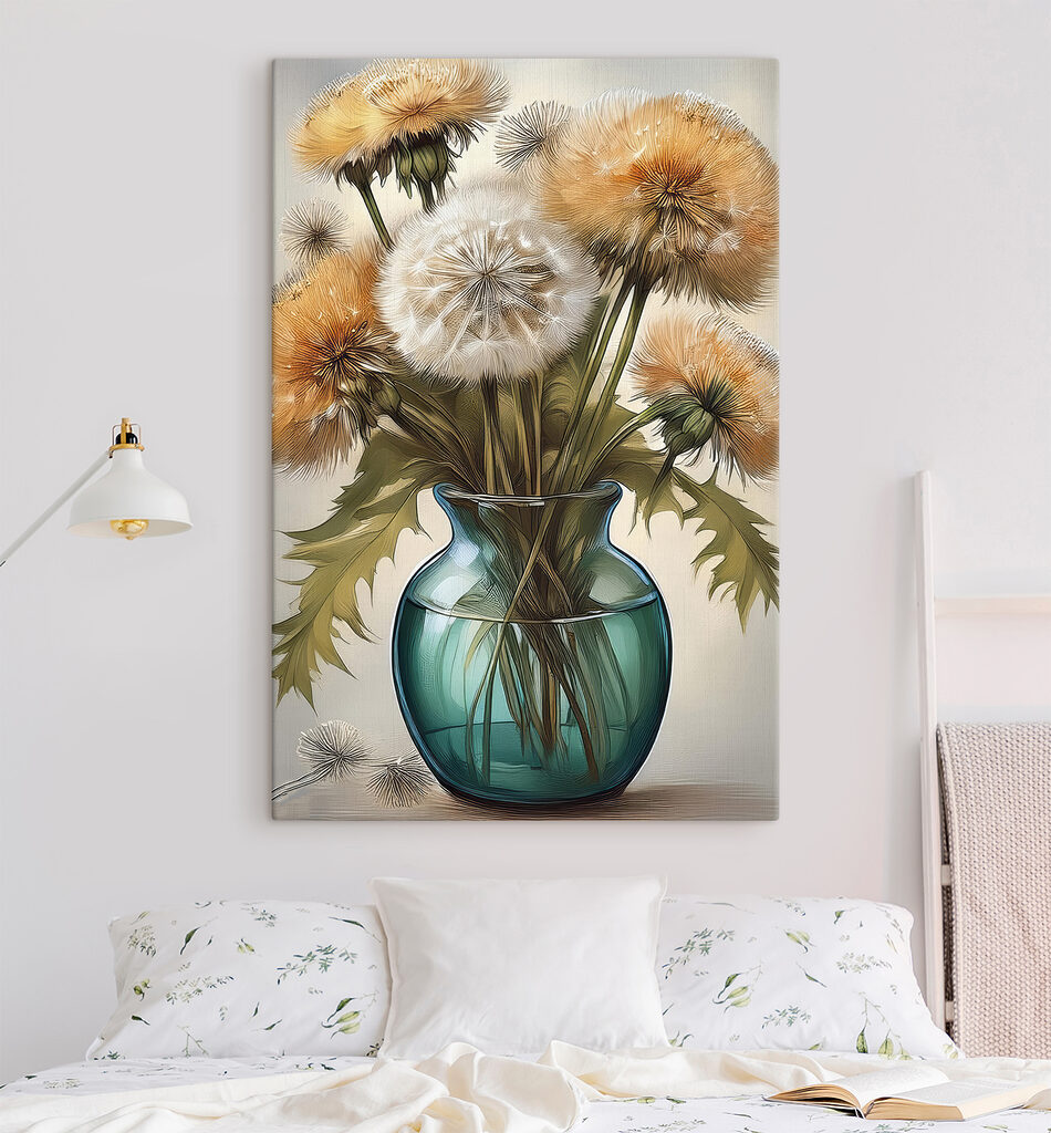 Vase with dandelions in it Vase with dandelions in it