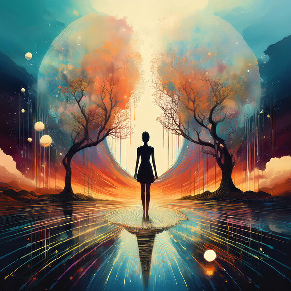 Woman standing on a reflective surface with trees and a large moon