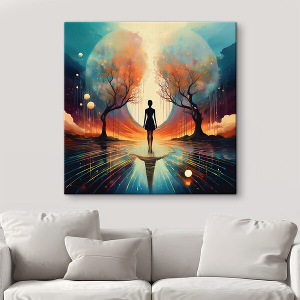 Obraz Kobieta stojąca na odblaskowej powierzchni z drzewami i dużym księżycem