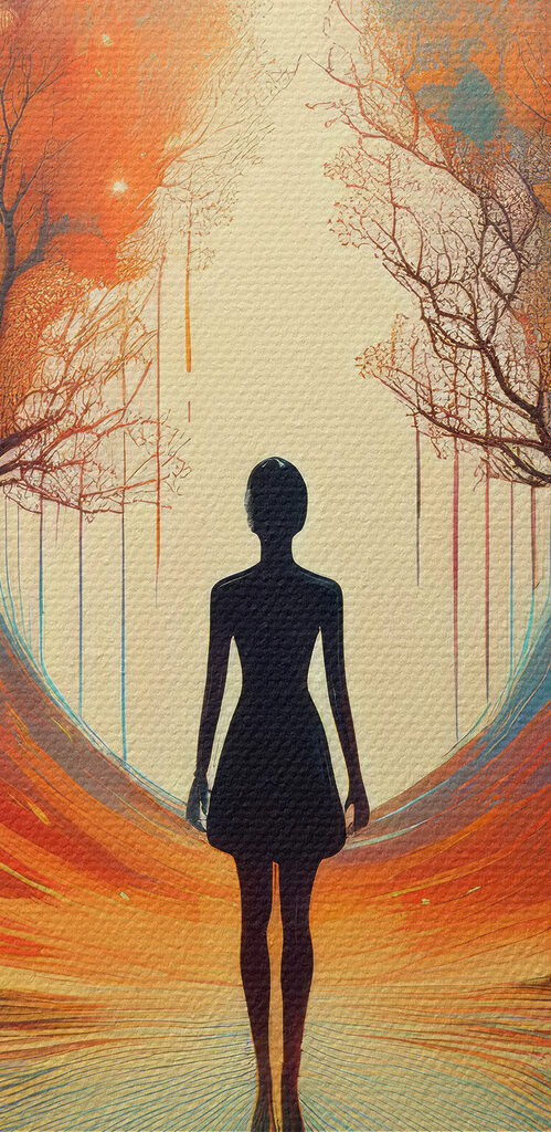 Woman standing on a reflective surface with trees and a large moon