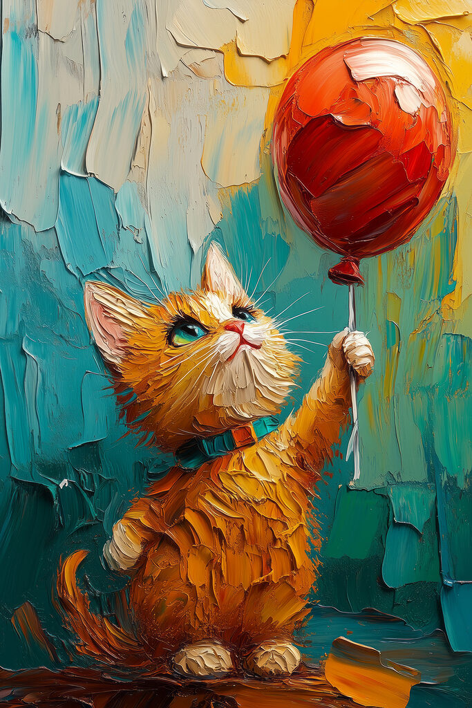 Painting of a cat holding a balloon Painting of a cat holding a balloon