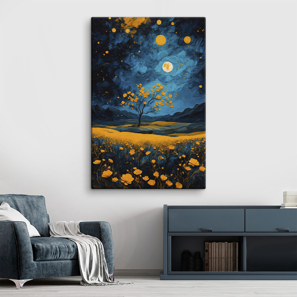 Painting of a tree in a field of flowers