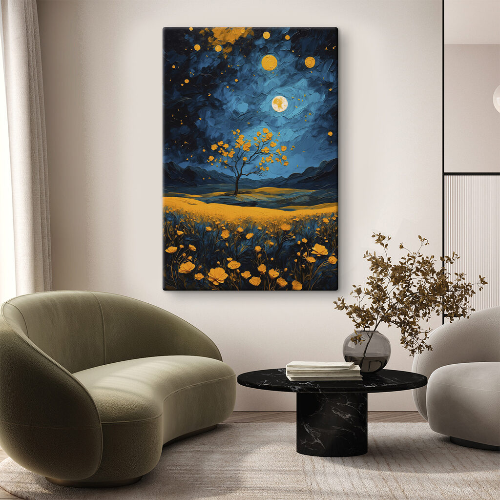 Painting of a tree in a field of flowers