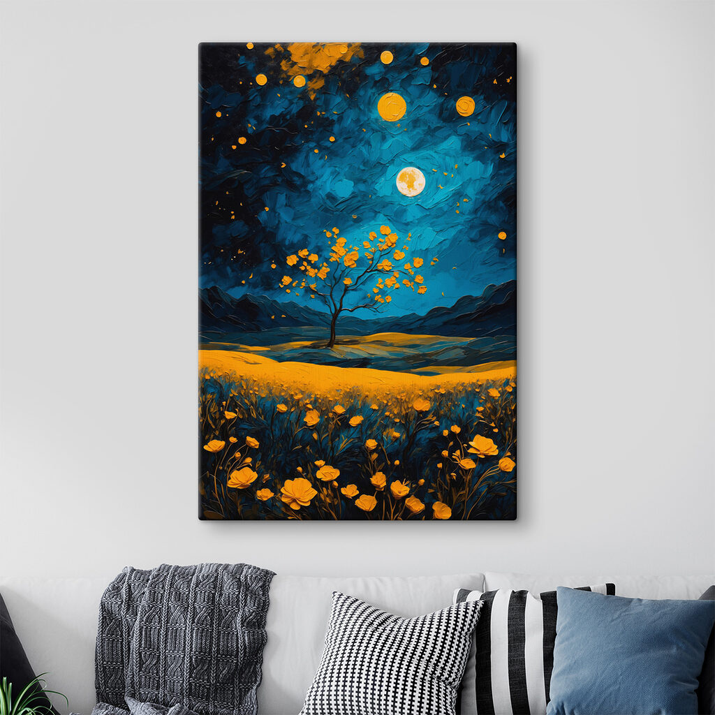 Painting of a tree in a field of flowers