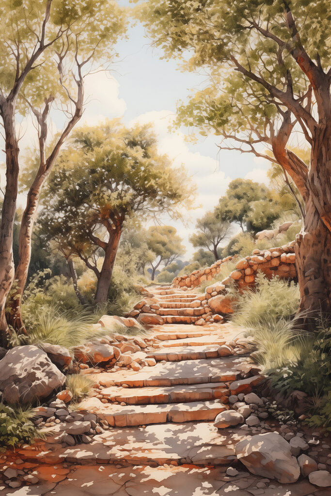 Stone stairs leading up to trees