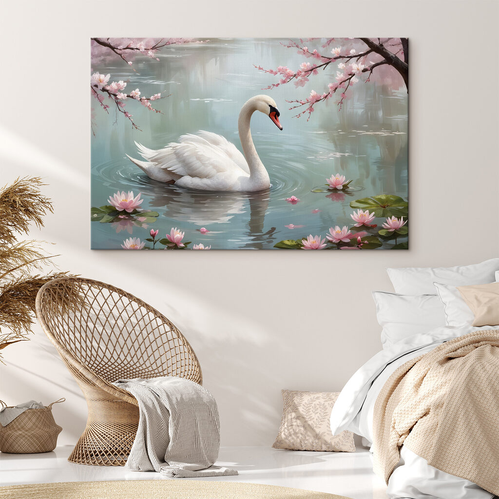White swan in water with pink flowers