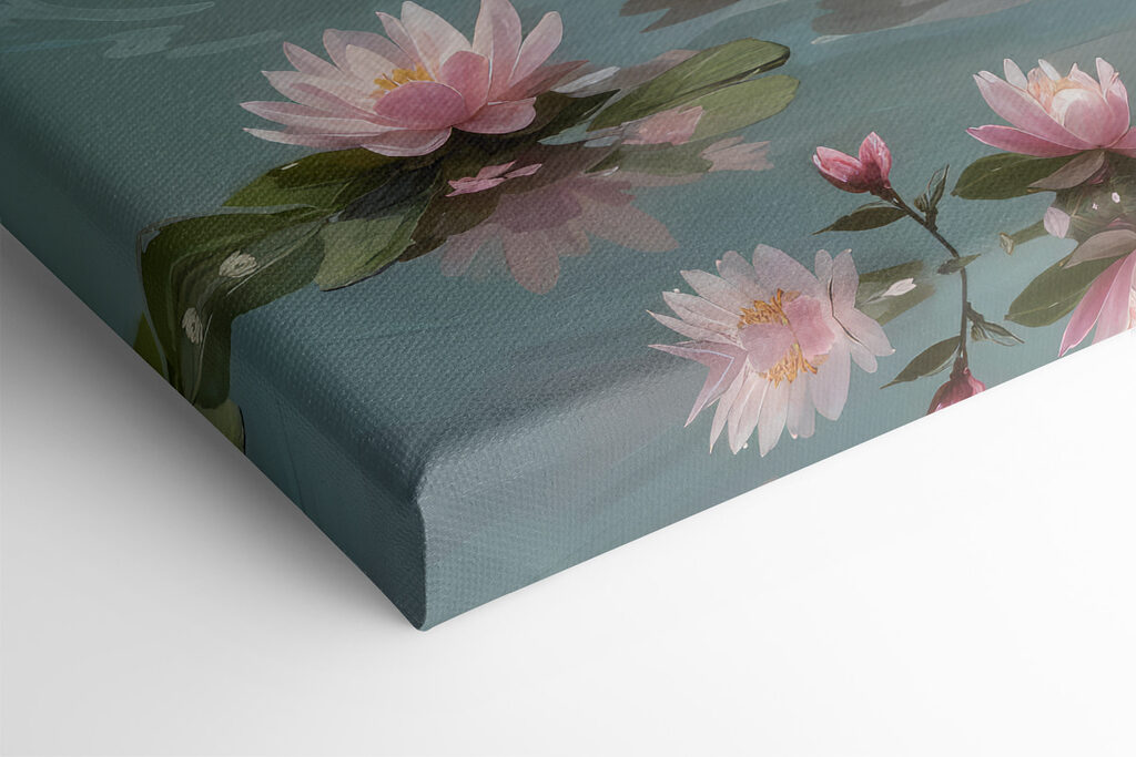 White swan in water with pink flowers