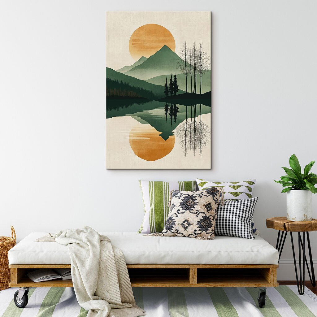 Landscape of mountains and trees and a lake