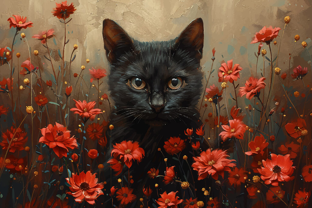 Black cat in a field of red flowers Black cat in a field of red flowers