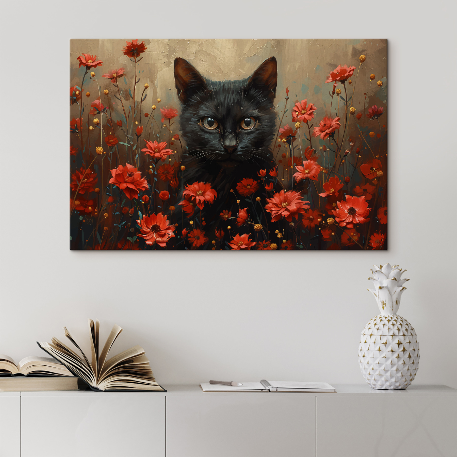 Black cat in a field of red flowers Black cat in a field of red flowers