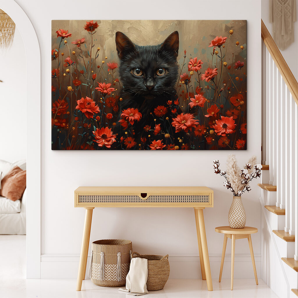 Black cat in a field of red flowers Black cat in a field of red flowers
