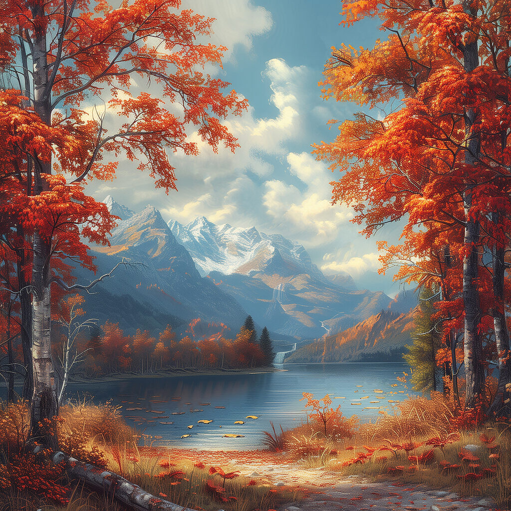Lake with orange leaves and mountains in the background