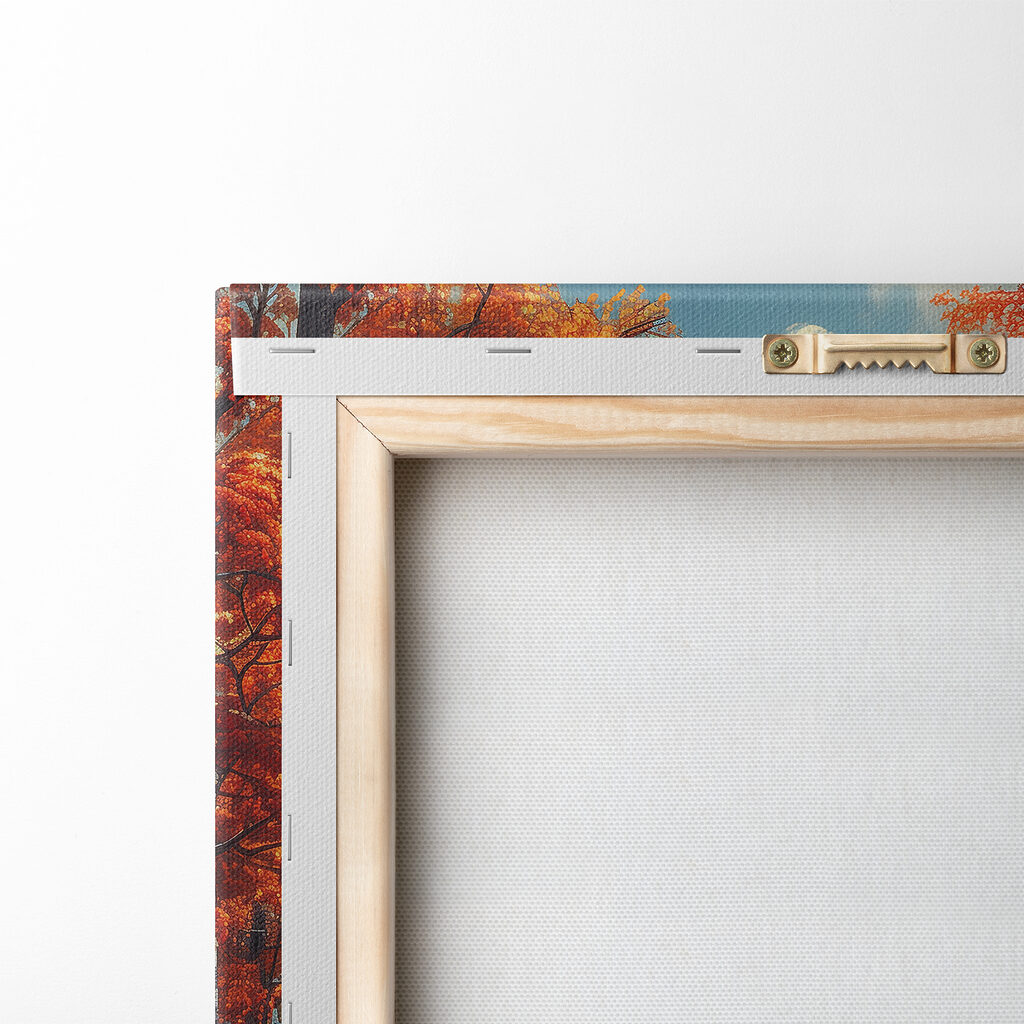 Lake with orange leaves and mountains in the background