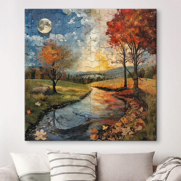 Puzzle przedstawiające rzekę z drzewami i księżycem Puzzle przedstawiające rzekę z drzewami i księżycem
