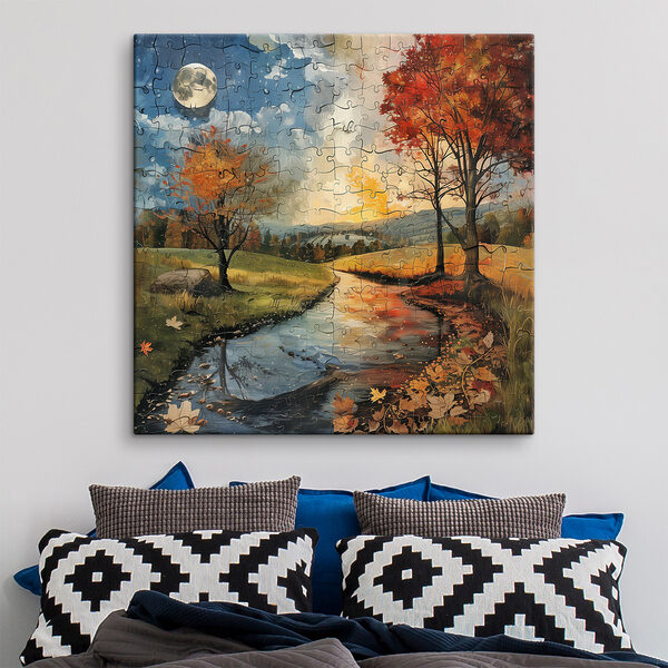 Puzzle przedstawiające rzekę z drzewami i księżycem Puzzle przedstawiające rzekę z drzewami i księżycem