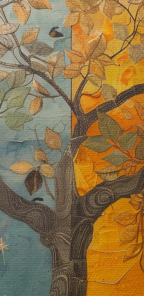 Painting of a tree with different colors of trees and birds