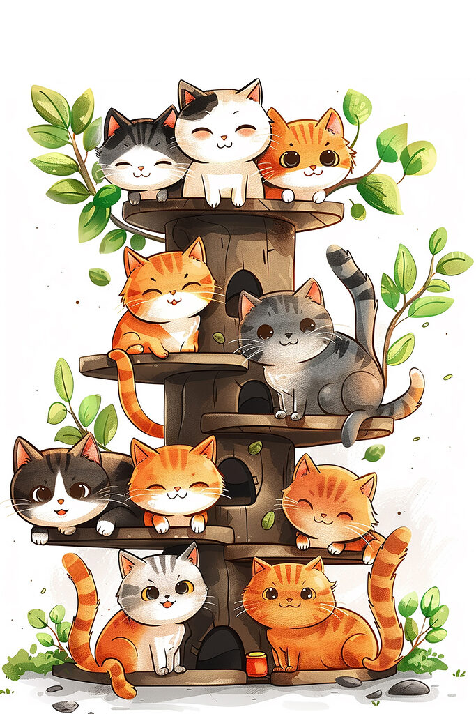 Group of cats on a tree