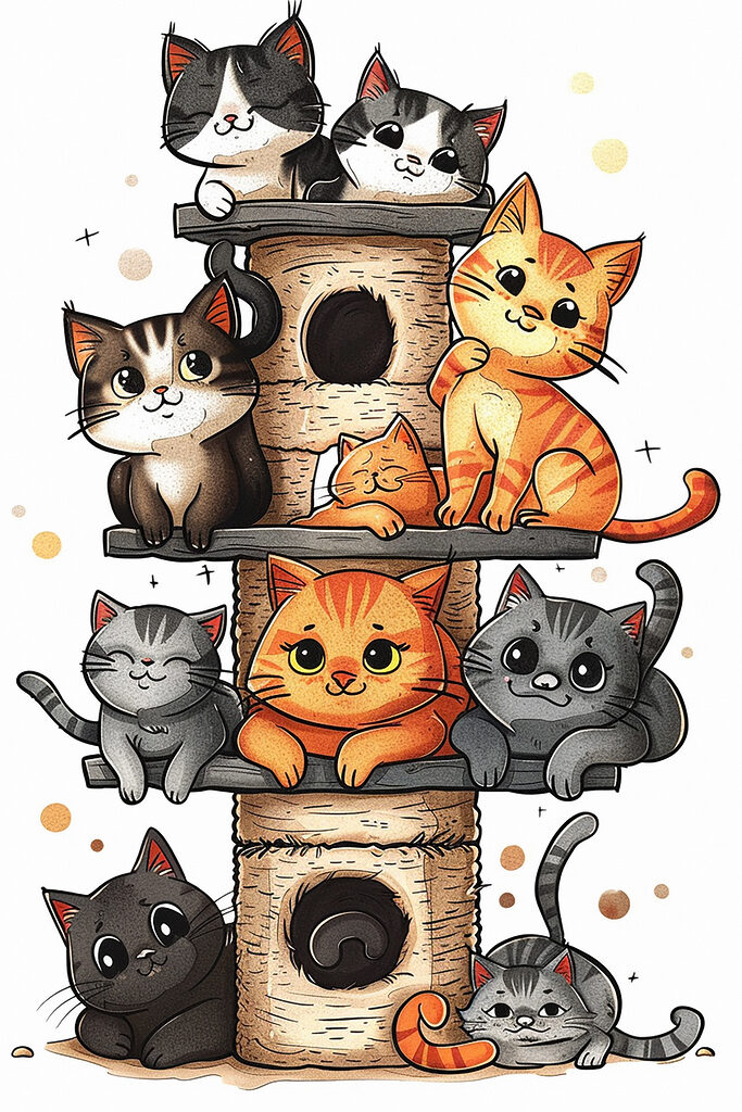 Group of cats on a tower Group of cats on a tower