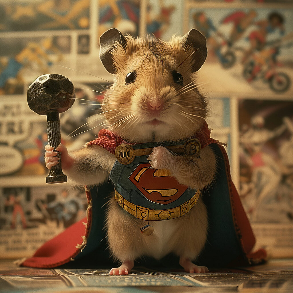 Hamster wearing a cape and holding a hammer