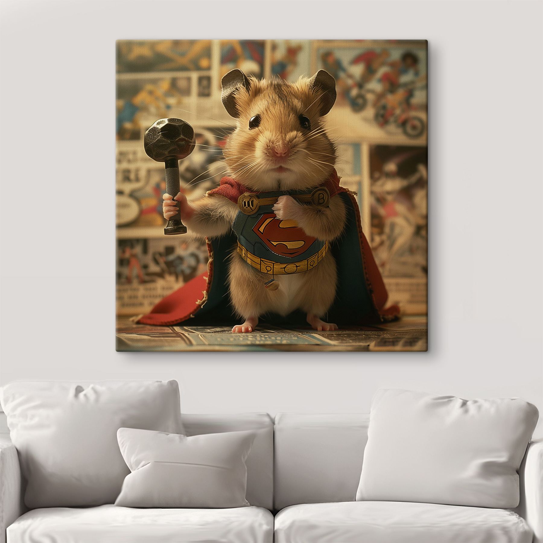 Hamster wearing a cape and holding a hammer